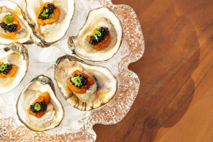overhead view of the oyster trio with caviar